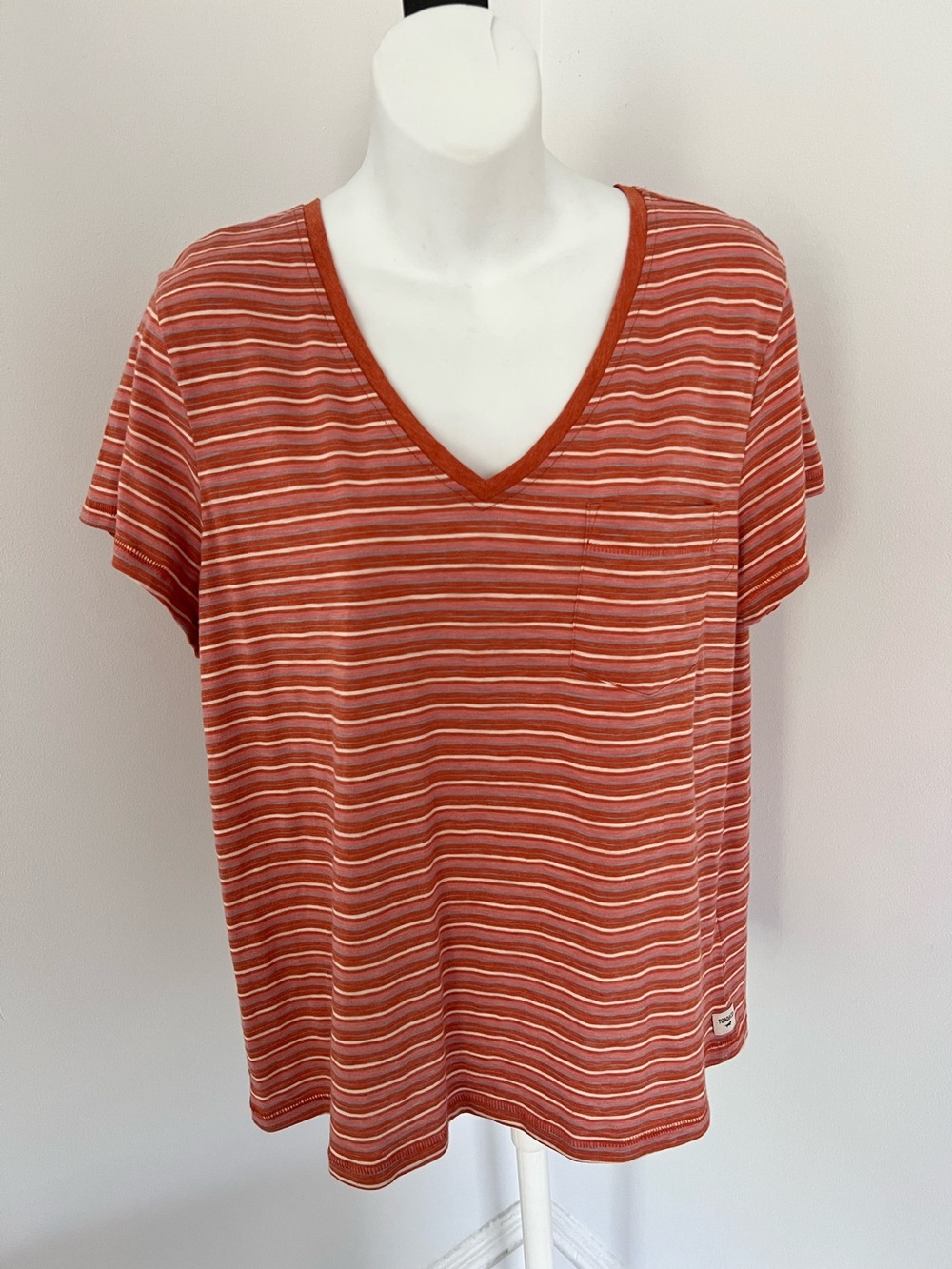 Toad&Co Rust and Cream Striped V-Neck Pocket Tee Sz. L